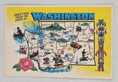 Greetings Washington State Map Cities Totem Pole Travel Souvenir 6x4 Postcard 