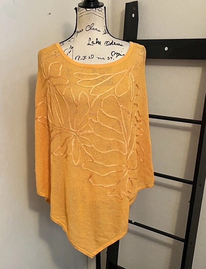 Chico’s Mango Sorbet Knit Women Poncho Size S/M Bohemian Coastal Beach NWT