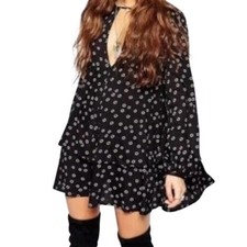 FREE PEOPLE Beck Black Floral Keyhole Long Sleeve Tiered Mini Dress EUC Small