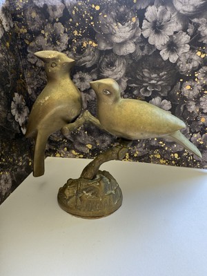 Vintage Mid-Century Brass Cardinals Love Birds on a Branch Sculpture   6-1/4''H