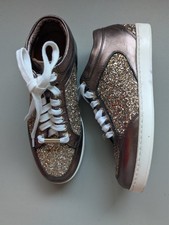 NWD JIMMY CHOO Miami Coarse Glitter Lace-up Sneaker Sz 35 Antique Gold Metallic
