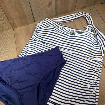 Tempt Me White Blue Stripe One Shoulder Tankini Swimsuit Size XL