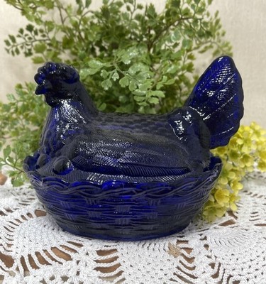 Cobalt Blue Glass Hen on Nest Basket Weave Covered Dish 6 Inch