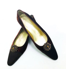Rene Mancini Paris Brown Velvet Matt Satin Jewel Vintage Chic Low Heels 37.5
