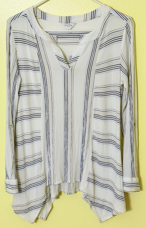CORAL BAY Women's Petite Long Sleeve Pullover Blouse STRIPES Size PM