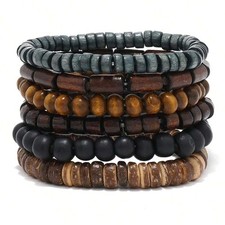 6pcs Braided Leather  Wooden Bead Bracelets   Adjustable Vintage Style for Men