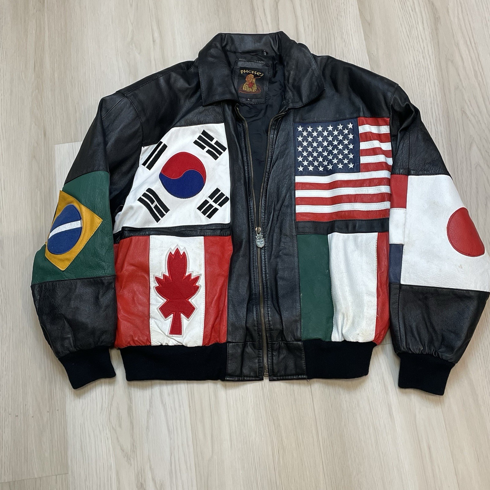 Phase 3 World Flags Bomber Leather Jacket Vintage… - image 1
