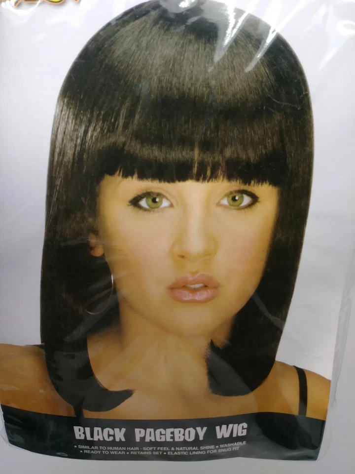 Disfraz de paje negro adulto peluca/fiesta de Halloween/juego de rol lavable (B Foto 2 de 4