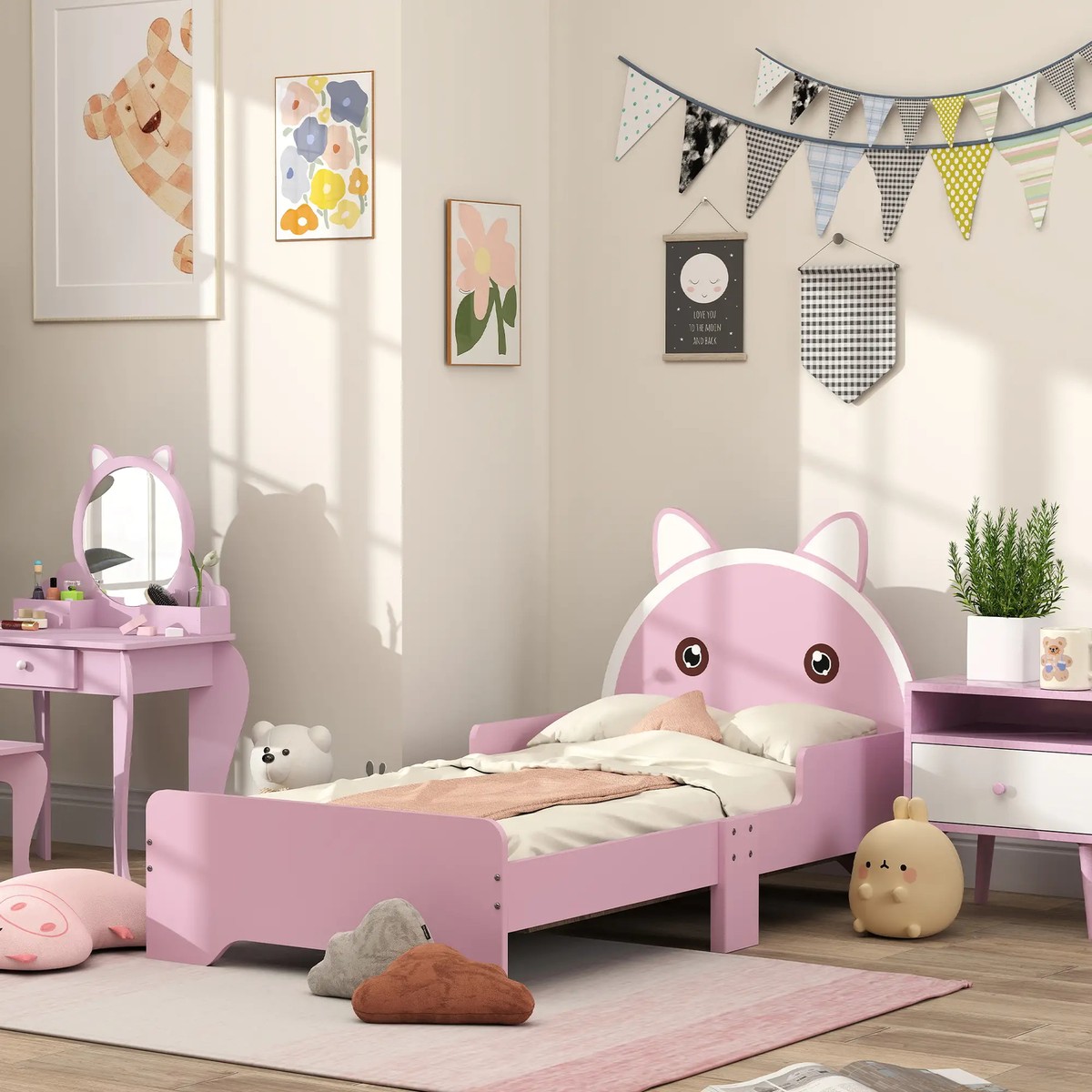 Kids Girls Pink Bed Frame Cat Design Bedroom Toddler Furniture