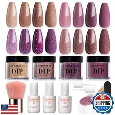 AZUREBEAUTY Dip Powder Nail Kit, 4 Colors Brown Purple Glitter Dipping Powder