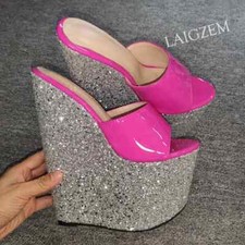Women Pumps 20CM High Heels Wedges Peep Toe Platform Mules Glitter Patchwork Sho