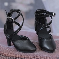 1/4 BJD Doll Shoes High Heels Cross Strap Buckle Pure Black PU Leather Shoe