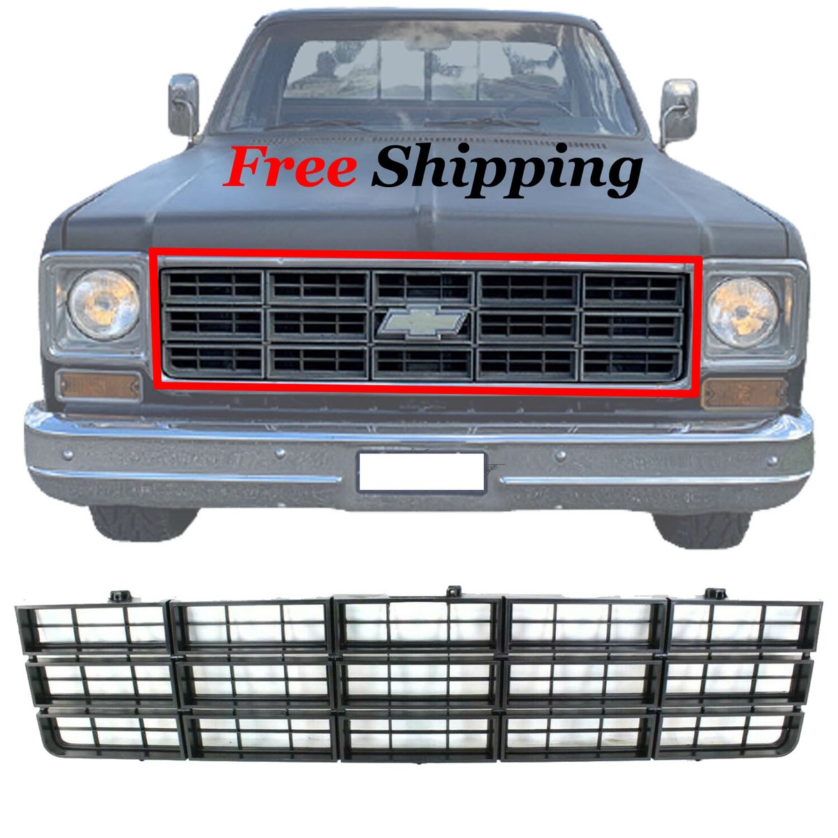 For 77-80 Chevrolet C10 K10 Front Grille Silver Shell with Black