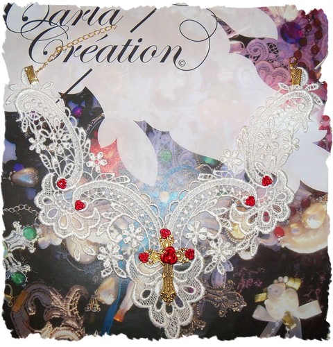 Collier Plastron/ Dentelle De Venise/ Croix Ouvragée / Rose Rouge/ - Imagen 2 de 2