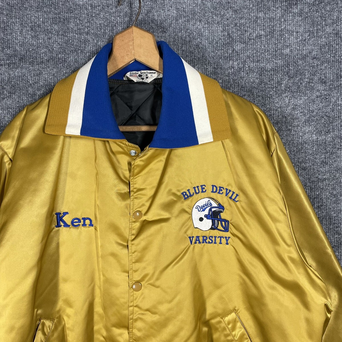 VINTAGE 70s 80s Football Satin Varsity Jacket XL USA Gold Warren
