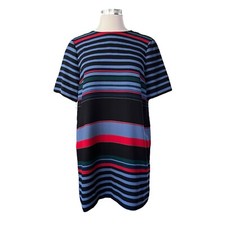 Zara Woman Dress Size M Blue Red Black Striped Short Sleeve Shift Preppy Classic