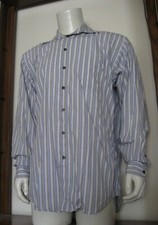 M Men Claiborne Long Sleeve Button Shirt White Blue Black Stripe Cotton EUC
