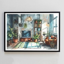 Living Room Plants Watercolour Painting Illustration 7x5 Wall Decor Art Print