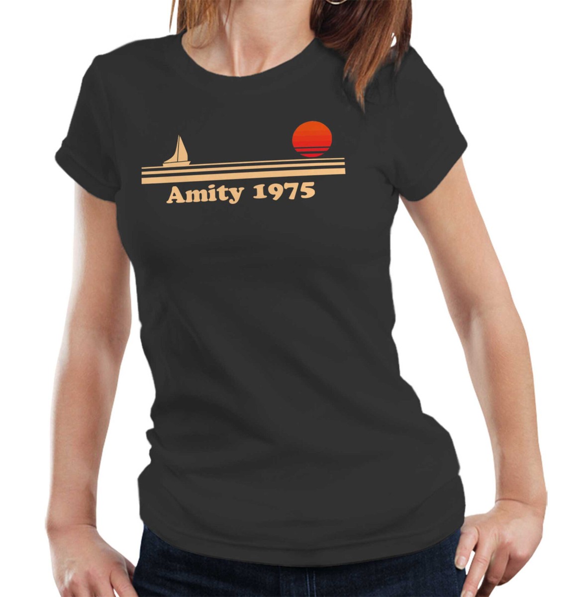 Amity 1975 Tshirt Semi Fitted Ladies Jaws Shark Retro Vintage