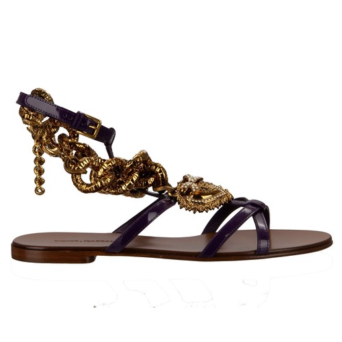 DOLCE & GABBANA DEVOTION Pearl Heart Leather Sandals Shoes BIANCA Chain Purple - Picture 2 of 6
