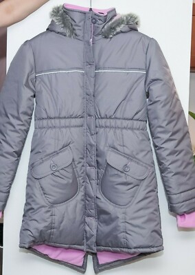 NWOT Y.F.K. GIRLS PUFFER FULL ZIP HOODED WINTER JACKET LIGHT GRAY L 12/14 $120