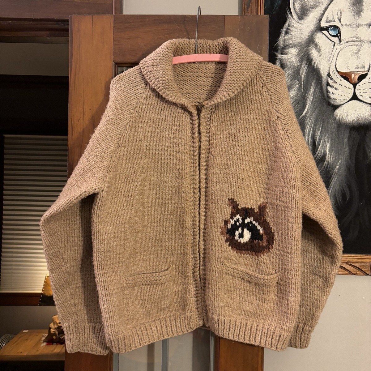 Vintage 60s Cowichan Raccoon Hand Knit Full Zip Brown Beige Vintage 60s Cowichan Raccoon Hand Knit Full Zip Brown Beige