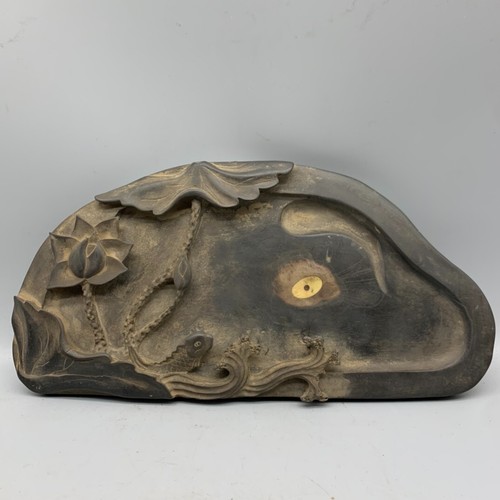 29cm Chinese Ancient Calligraphy tools carve lotus fish statue natural ink stone - 第 1/9 張圖片