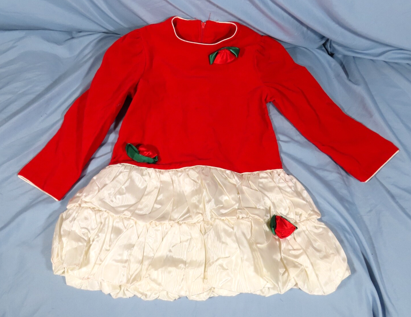 VTG Rare Editions Red Velvet Dress with Ivory Taffeta Bubble Skirt Roses Rosettes Size 5