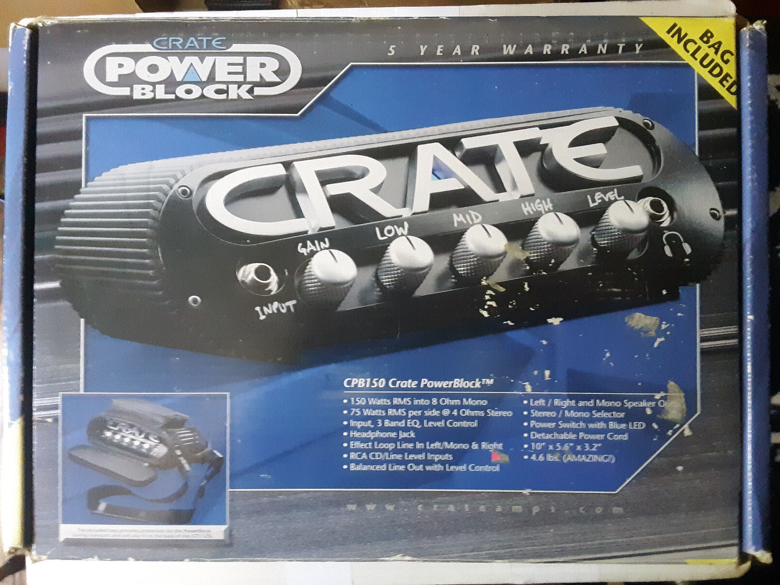 Crate Powerblock guitar amplifier 150w rms 8 ohms in original box with gig bag