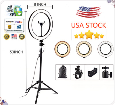8'' LED Ring Light w/ 53'' Tripod & Phone Holder for Streaming Makeup Video USB
