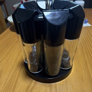 Rotating Spice Rack Carousel w/ 8 Clear Glass Jars, Black Plastic Base, Lids