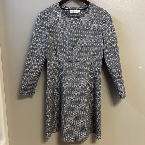 Abito Tory Burch Corinne Gemini stampa catena aderente e svasato taglia small blu navy