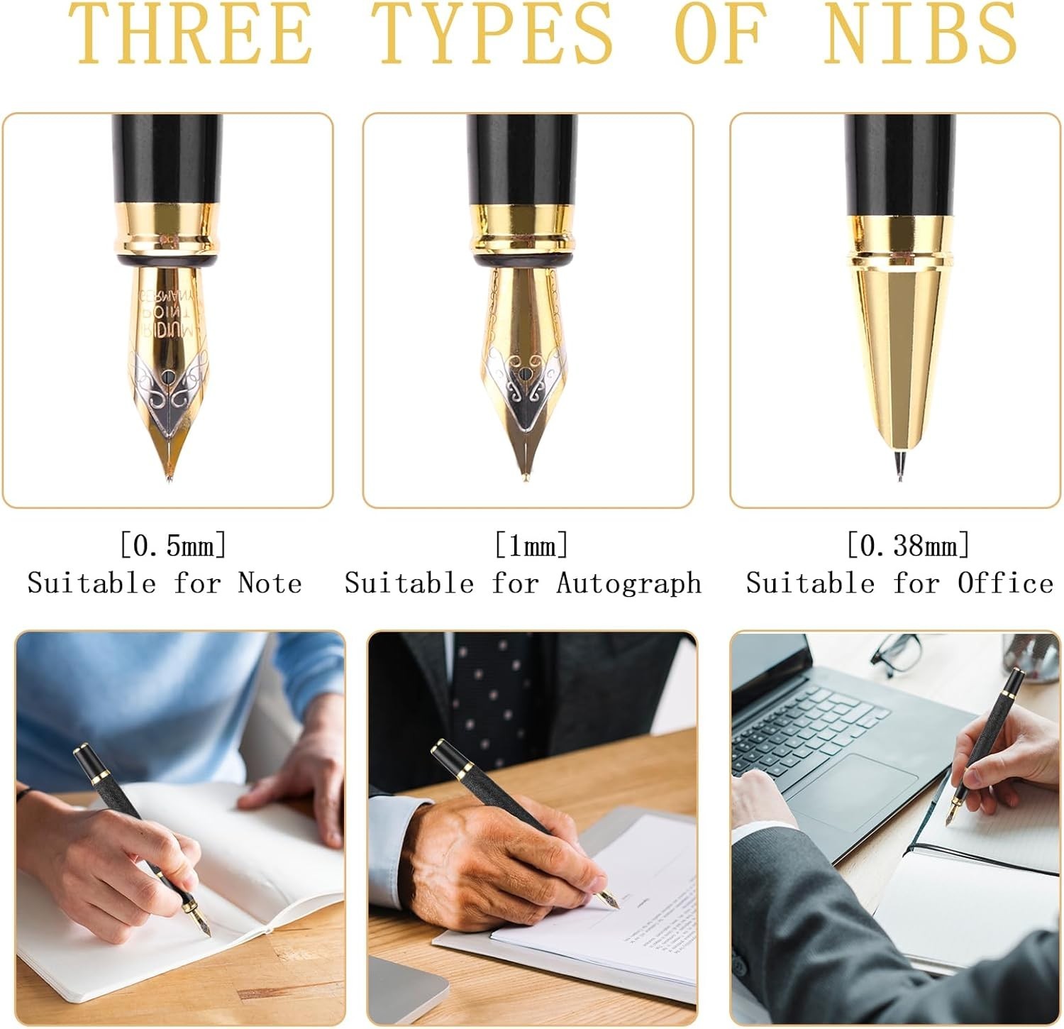 ® Metal Fountain Pen with 3 Different Nibs Set, Luxury Fountain Pen Includes Med