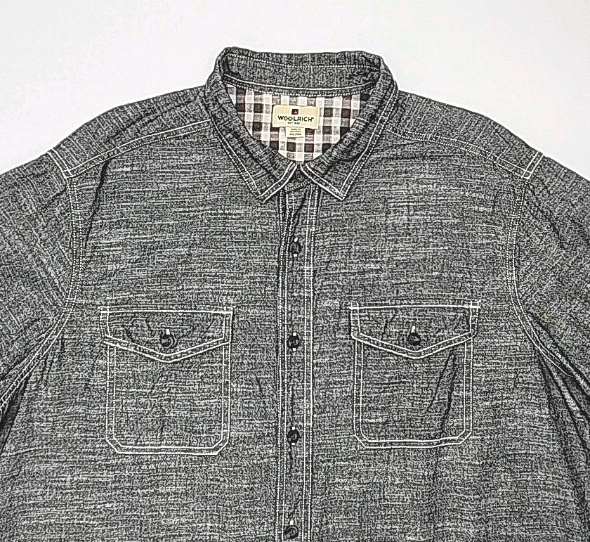 Woolrich Shirt Gray Black Button Up Short Sleeve Pocket Size XXL Casual 2XL Camp - Image 2 of 4