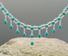 Blue Turquoise 925 Sterling Silver Rolo Choker Lobster Boho Bridal Necklace