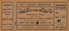 MAY 26, 1934 ARMY VS NAVY COLLEGE BASEBALL TICKET PROOF