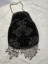 Antique Beaded Velvet Flapper Purse w/ Fringe  Chain Handle