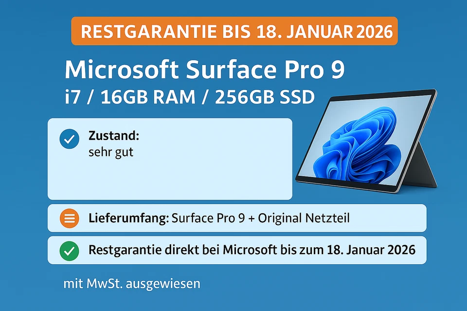 Microsoft Surface Pro 9, 256GB SSD, 16GB RAM, Intel i7, Garantie + MwSt. Ausweis