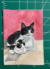 Acquerello originale ACEO bianco e nero gatto e il suo peluche