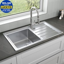 Stainless Steel 1 Bowl Kitchen Sink Square Inset Reversible Drainer Basket Waste