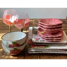 Clay Art, Set of 15 Pink Hibiscus 🌺 2 Wine Glasses, bowls & Dishes