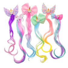 Hair Clips for Girls - 6 Pcs Curly Clip in Hair Extensions with Cute Unicorn Bow