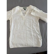 Lauren Ralph Lauren Womens Top Linen Small White V-Neck Roll-Tab Sleeve