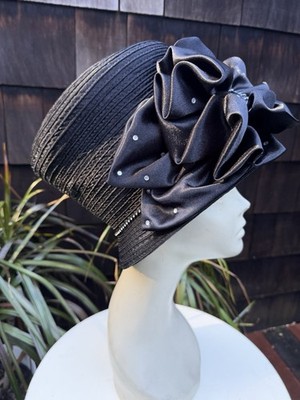 Vintage Mr Hi s Classic Bucket Hat Black Satin Bow Rhinestones Sz 7
