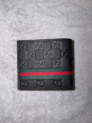 Gucci GG Signature Stripe Black Leather Bifold Wallet - Perfect