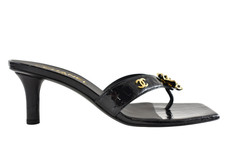 Chanel 26A Black Crocodile Croc CC Flower Backless Mule Heel Thong Sandal 38.5