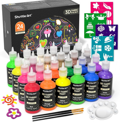 Fabric Paint, 24 Colors 3D Permanent Paint with Brushes Palette Pen Fabric Sheet