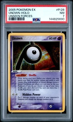 2005 POKEMON EX UNSEEN FORCES #P/28 UNOWN-HOLO PSA 7