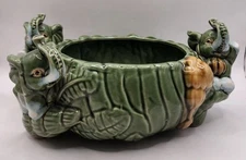 Vintage Majolica Planter Three Cute Baby Elephants Trunks up and Lucky Bamboo