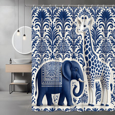 Blue Giraffe and Elephant Shower Curtain, Animal Print